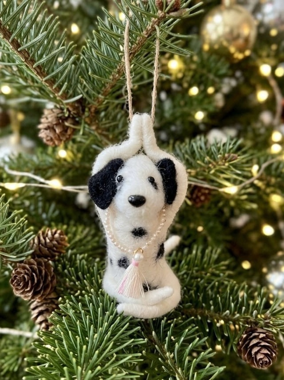 Hand-Felted Dalmatian Yoga Dog Ornament w/ Mala Beads & Tassel